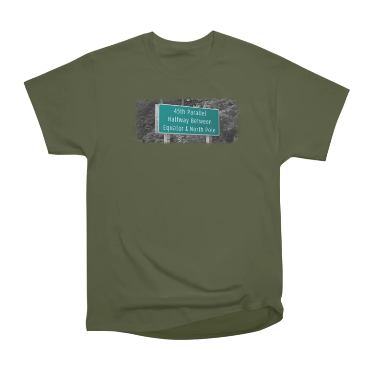 45th Parallel Sign in Michigan shown on a T-shirt
