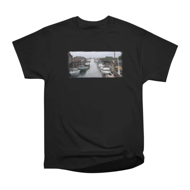 Fishtown in Leland, Michigan shown on a T-shirt