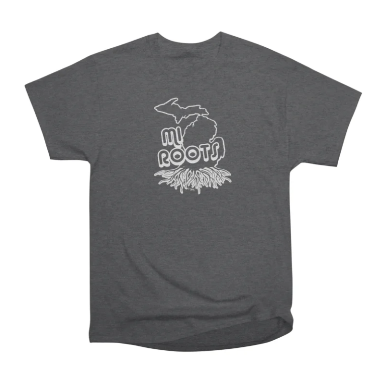 MI Roots (Michigan) - White shown on a T-shirt