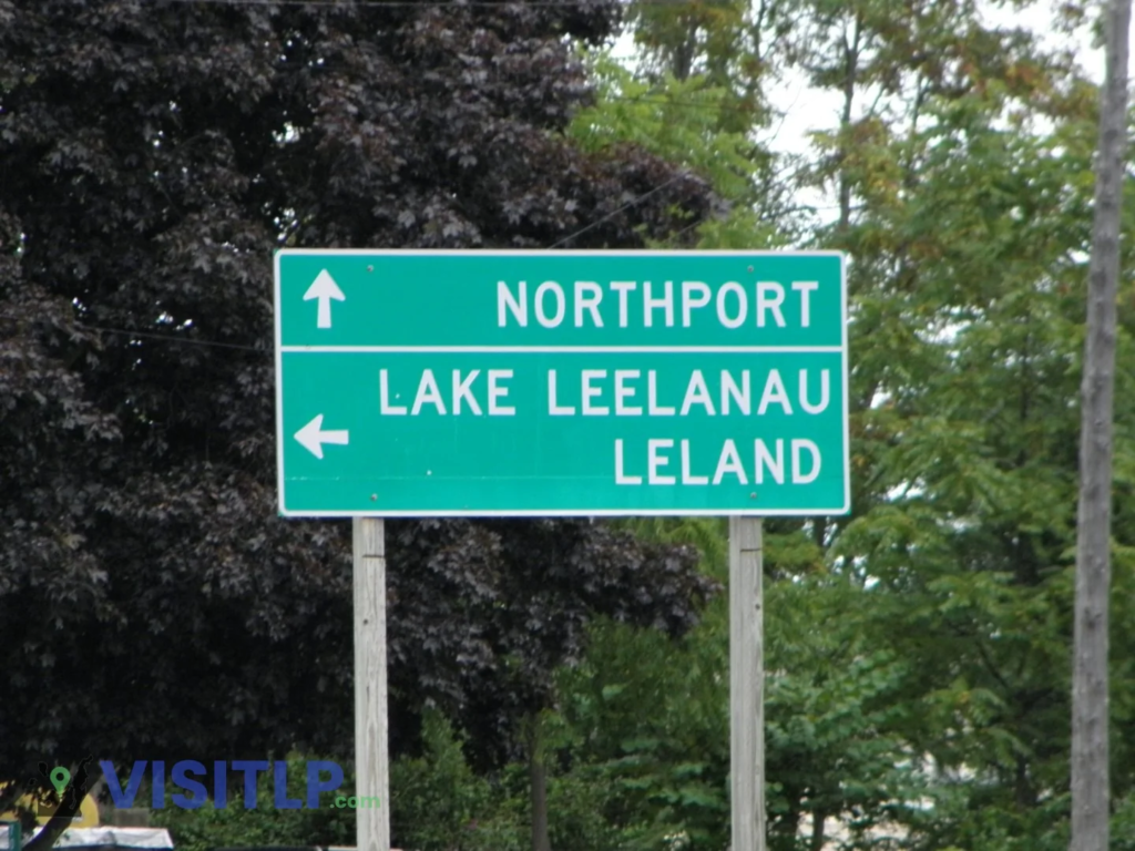 Road signs for Northport, Lake Leelanau, and Leland