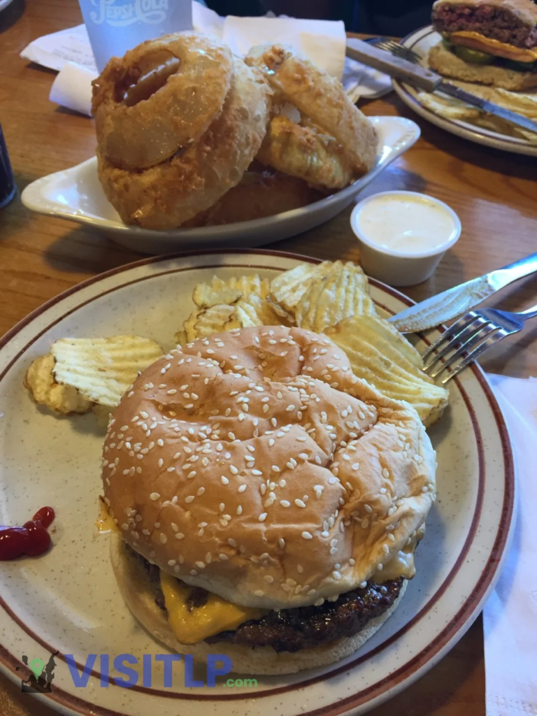 Burger and onion rings at Boone's Prime Time Pub